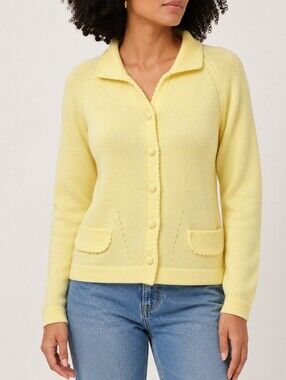 Vintage Lady International Yellow Knit Cardigan Size 36 Retro Collared Sweater